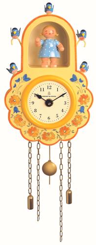 Wanduhr, gelb, mit Mädchen und Vögeln
